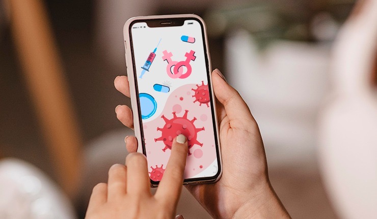 pessoa segura um celular. Na tela figuras representando ists e medicamentos